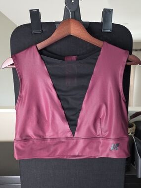 Forme Deep V Sports Crop Top in Wine with Black Mesh